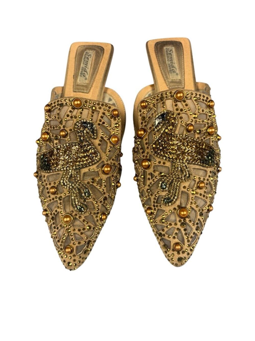 Semida Rhinestone Swan Mules Size 40 Gold Embellished Pointed Toe Shoes - Picture 2 of 5